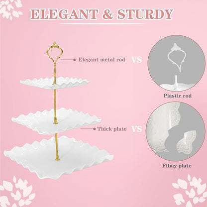 5 Pcs Dessert Table Display Set, White Plastic 2 Pcs Square 3 Tier Cupcake Stand Cup Cake Tower Stand with Metal Rod & 3 Pcs Serving Tray for Baby Shower, Tea Party, Wedding, Birthday Party