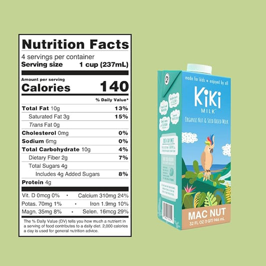 Kiki Milk Plant-Based Milk - Organic Mac Nut Seed Milk - Calcium & Magnesium Source - Gluten, Gum, GMO, Dairy, Soy, Glyphosate Free - Shelf Stable (32 oz Pack of 6)