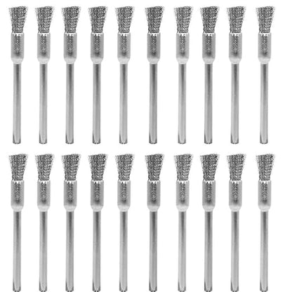 20 pcs Steel Cleaning End Brushes Pen 1/5″(5mm) x 1/8″(3mm) Wire Brush Rust Paint Removal Bits Polishing Rotary Tools