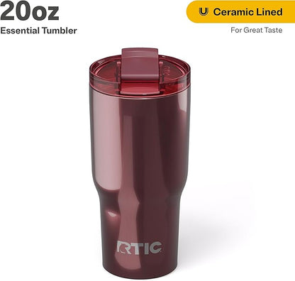 RTIC 20oz Essential Tumbler with Lid, Insulated, Stainless Steel, Metal, Double Wall Vacuum-Insulation, Ceramic Lined, Travel Cup for Iced Coffee, Tea, Hot and Cold Drink, Vintage Rose Metallic