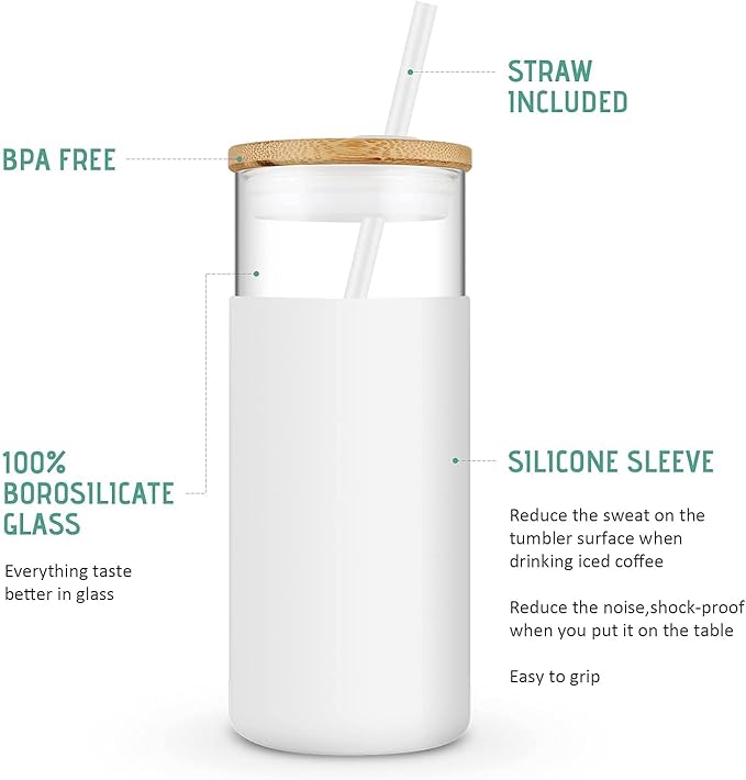 Tronco 20 oz Glass Tumbler Glass Water Bottle Straw Silicone Protective Sleeve Bamboo Lid - BPA Free - Black/2 Pack