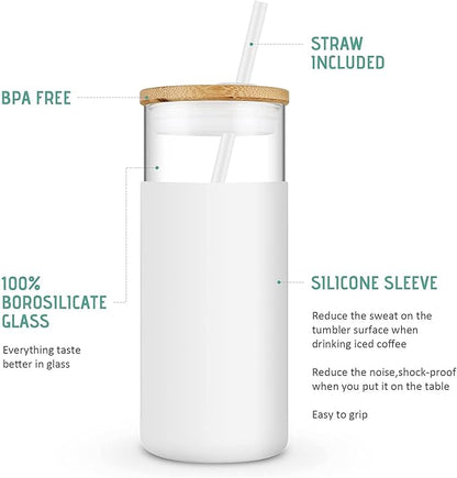 Tronco 20 oz Glass Tumbler Glass Water Bottle Straw Silicone Protective Sleeve Bamboo Lid - BPA Free - Black/2 Pack