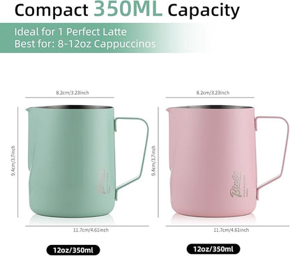 Pink Milk frother - 350ml/12OZ Milk Frothing Pitcher, Milk Frother Cup Espresso Steaming Pitcher for Barista, Bincoo 304 Stainless Steel Espresso Steaming Pitchers for Latte Art/Cappuccino/Coffee/Milk