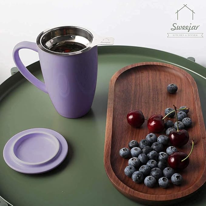 Sweejar Porcelain Tea Infuser Cup with Lid, 16 oz Tea Cup with Strainers for Loose Leaf Tea, Microwave and Dishwasher Safe Coffee Mug, Tea Steeping Mug for Tea Drinkers,Christmas Gift (Purple)
