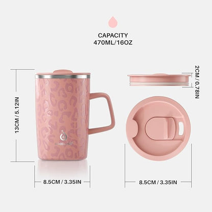 Ideus Vacuum Insulated Coffee Mug, 16oz Reusable Stainless Steel Thermal Double Walled cup with Handle and Slider Lid for Hot & Cold Beverages, BPA Free (Leapord Pink)
