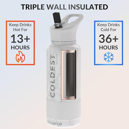 Coldest Insulated Water Bottle with Straw Lid - Stainless Steel Metal Insulated Bottle for Men & Women (Marble White, 32 oz)