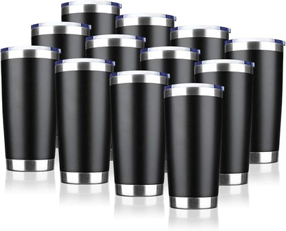 20oz Tumbler Bulk Stainless Steel Vacuum Insulated Tumblers with Lid Double Wall Travel Mug, Durable Powder Coated Coffee Cup, Suitable for Ice Drinks and Hot Beverage (Black 12pack)