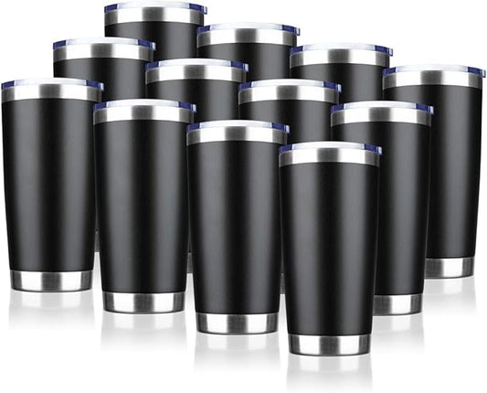 20oz Tumbler Bulk Stainless Steel Vacuum Insulated Tumblers with Lid Double Wall Travel Mug, Durable Powder Coated Coffee Cup, Suitable for Ice Drinks and Hot Beverage (Black 12pack)