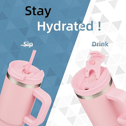 30 oz Tumbler with Handle and 2 Straws,2 in 1 Lid Insulated Water Bottle Stainless Steel Travel Coffee Mug,Pink