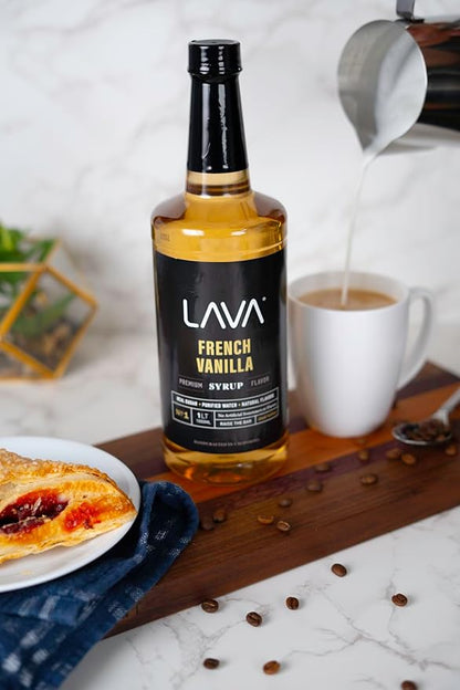 LAVA Premium French Vanilla Syrup, Natural Vanilla Coffee Sweetener, 33.8oz (1-Liter), Made with 100% Sugar, No Artificial Sweeteners, Flavors, or Colors. (1-Pack)