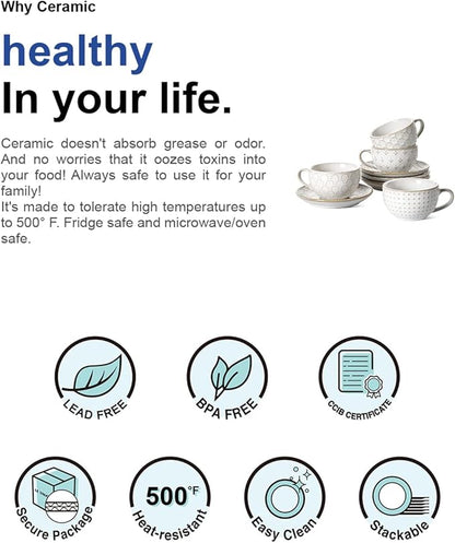LE TAUCI Espresso Cups with Saucers 3 oz, Ceramic Embossment Coffee Cup for Double shot, Lungo, Ristretto,Dishwasher Safe - Set of 4, Arctic white
