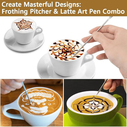 Frothing Milk Pitcher, 12 oz/350 ml Stainless Steel Frothing Milk Jug with Latte Art Pen,with Internal Measurements, for Cappuccino, Espresso and More（white）
