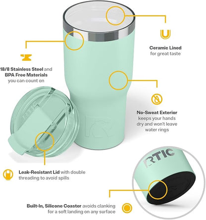 RTIC 20oz Essential Tumbler with Lid, Insulated, Stainless Steel, Metal, Double Wall Vacuum-Insulation, Ceramic Lined, Travel Cup for Iced Coffee, Tea, Hot and Cold Drink, Fresh Mint