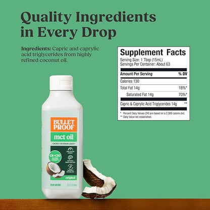 Bulletproof MCT Oil Made with C10 and C8 Oil, 32 Ounces, Keto Supplement for Sustained Energy, Brain and Body Fuel, Add to Coffee and Smoothies