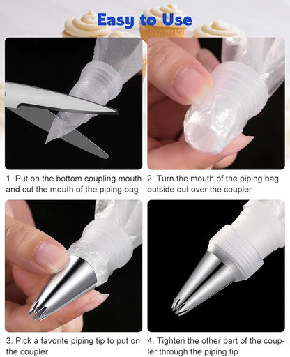 176PCS Piping Bags and Tips Set, Includes 150pcs 12 Inch Anti Burst Piping Bags, 1 Reusable Pastry Bags, 12 Piping Tips, 8 Icing Bags Ties, 3 Cake Scrapers and 2 Couplers