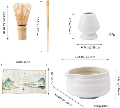 Matcha Whisk Set White, Ceramic Matcha Bowl Set with Bamboo Whisk, Holder, Scoop, Rest, Sifter and Towel – Complete 7 PCS Japanese Matcha Kit, Authentic Traditional Matcha Preparation Set