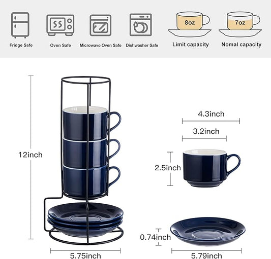 YOLIFE 8oz Porcelain Stackable Cappuccino Cups with Saucers and Metal Stand Set of 4, Coffee cups for Espresso, Specialty Coffee Drinks, Latte, Americano and Tea - Blue