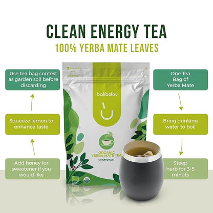 100 Unsmoked Organic Yerba Mate Tea Bags, Organic Yerba Mate Tea, Alternative to Tea, Coffee and Energy Drinks (100 Tea Bags (1 Pack))