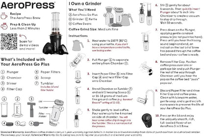AeroPress Go Plus, Small Portable Coffee Maker for Travel & Camping - 3 In 1 Brew Method Combines French Press, Pourover, Espresso, Full Bodied Coffee without Bitterness, Coffee Press Kit - Black