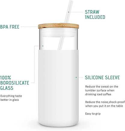 Tronco Glass Tumbler with Lid & Straw - Iced Coffee Cup & Smoothie Cup With Silicone Sleeve | BPA-Free, Dishwasher Safe | Reusable Glass Cups with Bamboo Lids and Straws