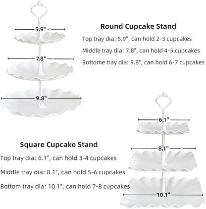 2 Set of 3-Tier Plastic Cupcake Stand Dessert Plates Mini Cakes Fruit Candy Display Tower White for Birthday Tea Party Baby Shower Serving Tray