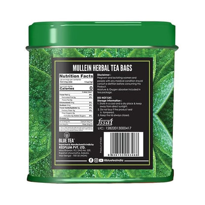 BLUE TEA - Mullein Tea - 30 Count - Pyramid Plant Based Tea Bag | LUNGS DETOX - FOR RESPIRATORY SUPPORT | Herbal Tea - Caffeine Free - Leaf Based - Non-Bitter - Vegan | Ziplock Pack