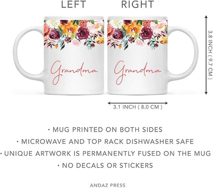 Andaz Press 11oz. Mother's Day Ceramic Coffee Tea Mug Gift, Fall Autumn Burgundy Orange Peach Flowers Roses Florals, Grandma, 1-Pack