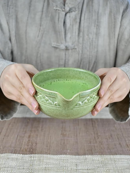 Artcome Matcha Tea Set with Pouring Spout - Green Ceramic Matcha Bowl, Bamboo Whisk, Whisk Holder, Tea Scoop & Matcha Tea Manual for Traditional Japanese Tea Ceremony - Ideal for Gift - Deep Green