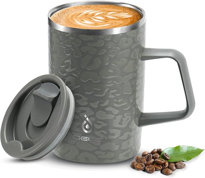 Ideus Vacuum Insulated Coffee Mug, 16oz Reusable Stainless Steel Thermal Double Walled cup with Handle and Slider Lid for Hot & Cold Beverages, BPA Free (Leapord Gray)