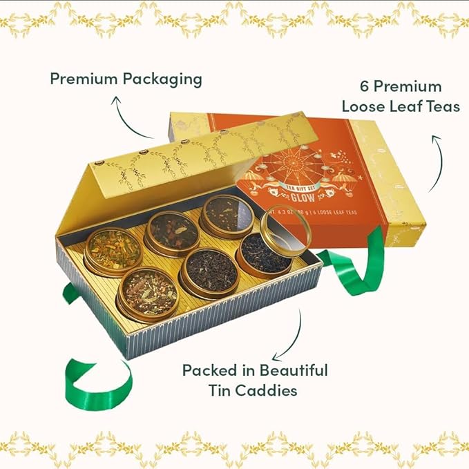 VAHDAM, GLOW - Assorted Christmas Tea Gift Sets (6 Loose Leaf Tea) Tin Caddy Presentation Box | Gluten Free, Non GMO | Holiday Gifts for Everyone