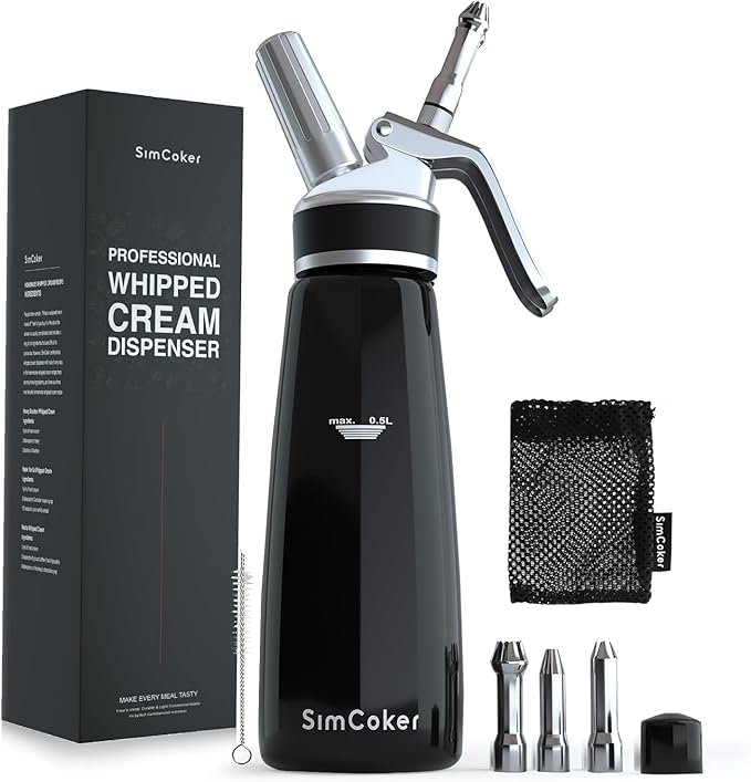 Whipped Cream Dispenser,Aluminum 500ml Whipped Cream Maker,3 Decorating Nozzles,1 Brush,1 Storage Bag,withou N2O Charger,Black