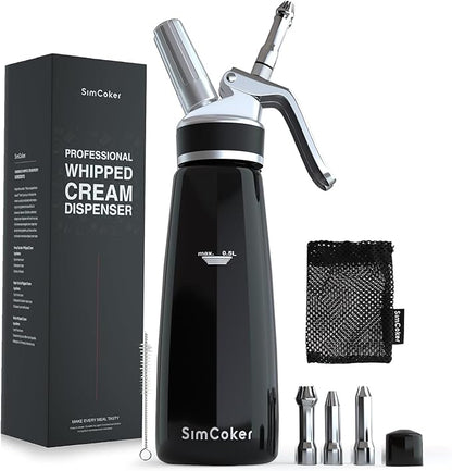 Whipped Cream Dispenser,Aluminum 500ml Whipped Cream Maker,3 Decorating Nozzles,1 Brush,1 Storage Bag,withou N2O Charger,Black