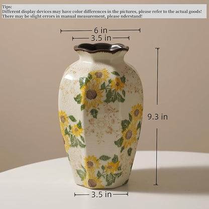 Vintage Pastoral Octagonal Vase, 9.3 Inch Ceramic Sunflower Flower Vases, Rustic Farmhouse Antique Chinoiserie Floral Vase for Wall Art Bedroom and Shelf Home Decor (Octagonal)