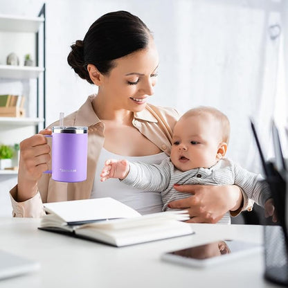 14 oz Purple Stainless Steel Coffee Mug, Reusable Travel Tumbler with Lid & Handle – Dishwasher-Safe Thermos Cup for Women, Ideal for Office/Travel Use with Hot/Cold Drinks