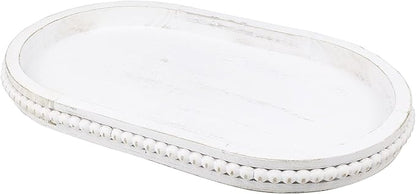 Oval Wood Serving Tray with Wooden Beads, Outdoor Farmhouse Decorative Tray for Ottoman, Coffee Table, Kitchen Counter Organizer, Home Decor(Whitewashed)