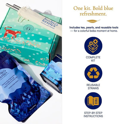 Herbs & Kettles Lavish Blue Tea Boba Kit | Butterfly Pea Flower Tea with Green Tea, Lemongrass, Ginger & Mint + Chewy Tapioca Pearls | DIY Color-Changing Bubble Tea Kit with Reusable Straws |