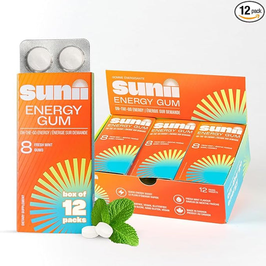 Sunii - Energy Gum - NEW Quick Boost Energy & Focus - 50mg Caffeine Gum -Vitamins B6 & B12, Taurine, Vegan, No Sugar, Zero Calorie, Fresh Mint Taste - Faster than Chews, Drinks, Gels & Pills (96pcs)