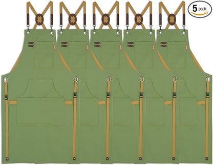 5 Pack Kitchen Apron, Work Apron, Canvas, Multiple Pockets, Gardening, Painting, BBQ, Artist, Carpenter, Sizes M to XXL, Olive