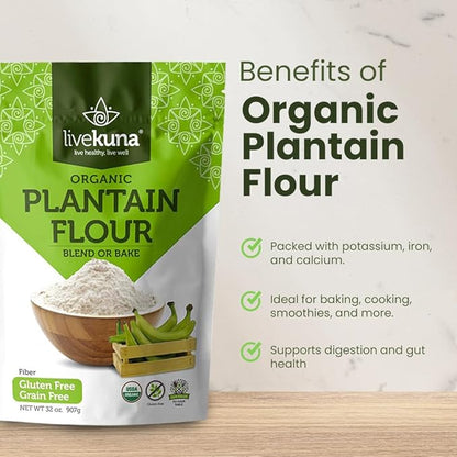 LiveKuna Organic Plantain Flour - Gluten Free All Purpose Flour Alternative For Baking & Cooking Recipes - Grain Free Vegan Plantain Flour, Rich In Fiber & Vitamins for Keto & Paleo Diets, 32oz Bag