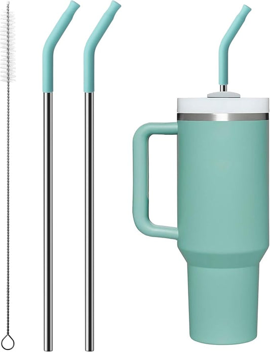2 Pcs Stainless Steel Straws for 40 oz Stanley Tumbler, Replacement 40 oz Stanley Cup Straw Accessories with Silicone Tips and Cleaning Brush (Light Green)