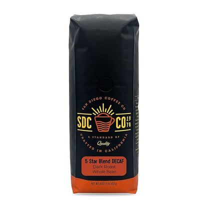 San Diego Coffee 5 Star Blend DECAF, Dark Roast, Whole Bean Coffee, 16-Ounce Bag Café en grano tostado descafeinado