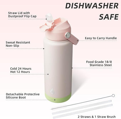 BJPKPK Water Bottle with Straw Lid, 24oz Vacuum Insulated Water Bottles, Metal Stainless Steel Thermos for Sports, Travel, BPA Free Leak Proof Thermos, Cups, Flasks, Tumblers,Pearl Pink