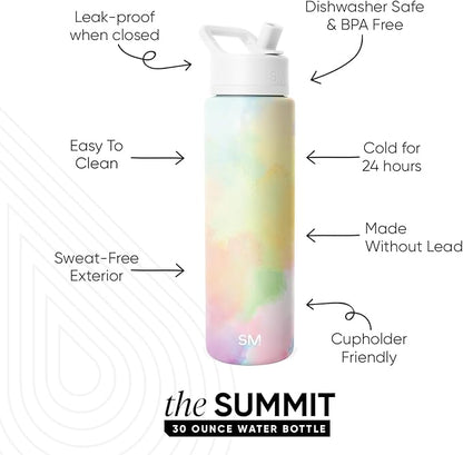 Simple Modern Water Bottle with Straw Lid | Vacuum Insulated Stainless Steel Metal Thermos | Reusable Leak Proof BPA-Free Flask for Sports Gym | Summit Collection | 30oz, Cotton Candy Tie Dye