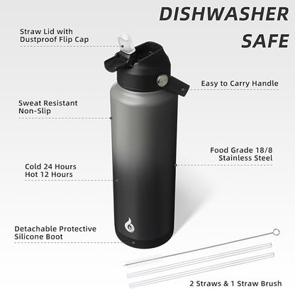 BJPKPK Insulated Water Bottle with Straw Lid, 40oz Large Thermos, BPA Free Leak Proof Stainless Steel Metal Water Bottles, Tumblers, Cups, Flasks for Travel, Sports,Black Grey