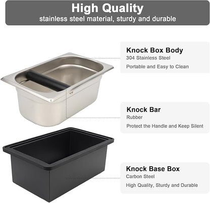 Espresso Knock Box, Coffee Knock Box for Espresso Grounds Disposal, Large Capacity, Equipped with Noise, Reduction Rubber Ring & Steel Holder, Ideal Tool for Espresso Machines, Black (Large)