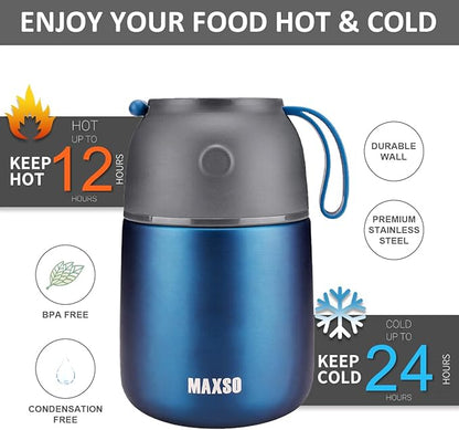 Insulated Thermo Food Jar for Hot & Cold Food for Kids Adult, 17 oz Soup Thermal Hot Food Containers for Lunch, Triple Layer Insulation Stainless Steel Food Jar with Spoon(Blue)