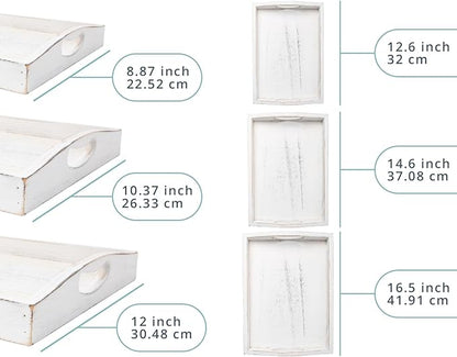 Serving Trays Set of 3 - Ottoman Wood Trays for Entertainment, Food and Decor - Rustic Farmhouse Distressed Wood Finish - Solid White