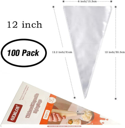 GEMLON Disposable Piping Bags – 12 Inch Clear Pastry Bags (100PCS) for Cake & Cookie Decorating, Anti-Burst Icing Bags for Frosting, Chocolate & Royal Icing – Durable Plastic Baking Supplies