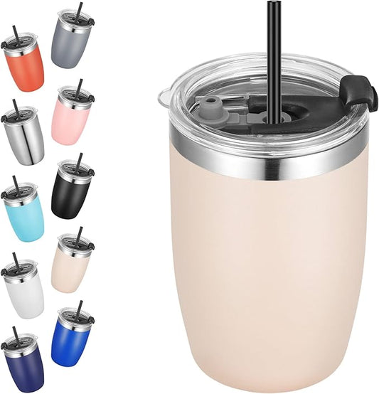 VEGOND Stainless Steel 12 oz Tumblers bulk Vacuum Insulated Double Wall Travel Tumbler with Lid and Straw Reusable Tumbler, Beige 1 Pack