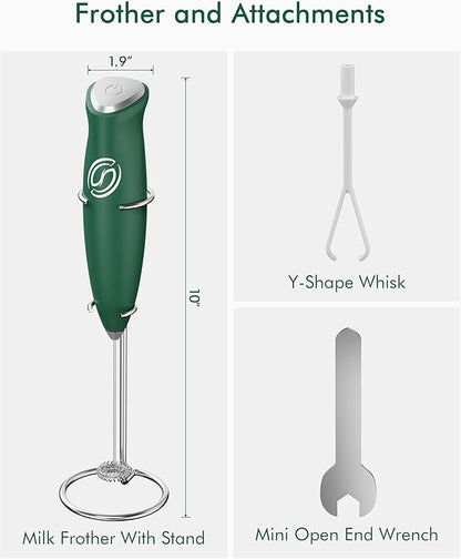 Milk Frother With Stand Handheld Frother Wand Drink Mixer Handheld Coffee Stirrers Electric Frother for Coffee Mixer Wand with 2 Whisk frother for protein powder-Green